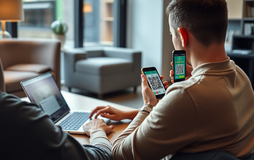 Person som bruker mobil for å skanne QR-kode for Bitcoin-innskudd på en bookmakerside på laptop.