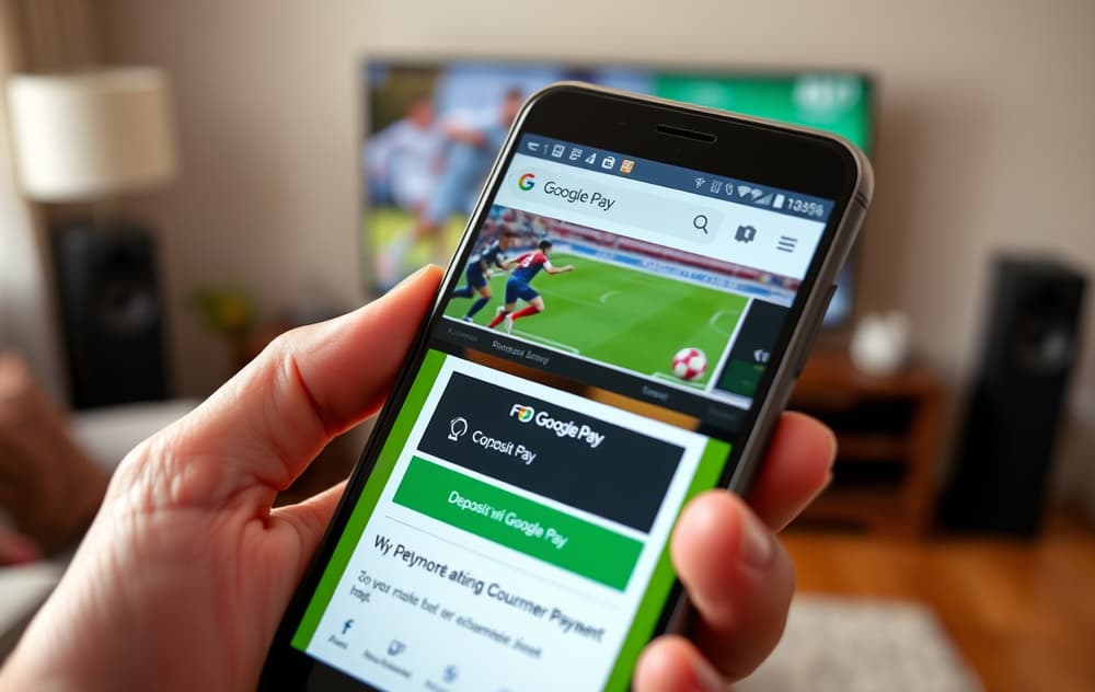 Mobiltelefon med Google Pay-betaling på en bettingside, fotballkamp i bakgrunnen.