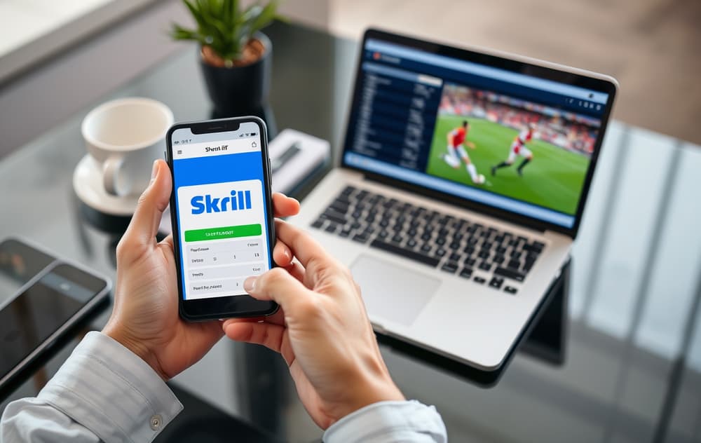En person som bruker Skrill-appen på mobilen for å sette inn penger på en bettingkonto, med en laptop i bakgrunnen.