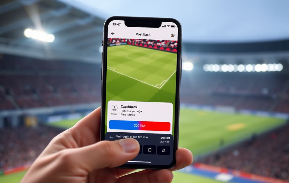 Mobilskjerm med cashback-melding i en betting-app, fotballkamp i bakgrunnen
