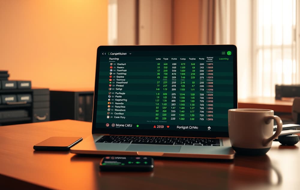 En skjerm med en ledertavle for oddskonkurranse, med odds og spillernavn, kaffekopp og mobiltelefon på et skrivebord.