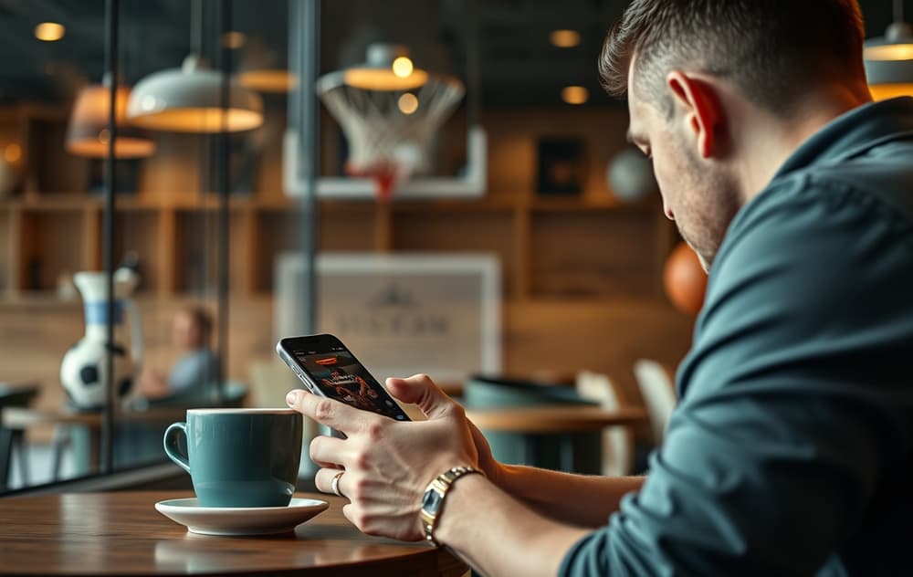 Person som leser bonusvilkår på mobilen med kaffekopp foran seg