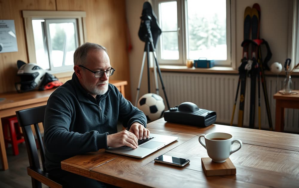 Norsk spiller sammenligner odds på laptop og mobil med sportsutstyr i bakgrunnen.