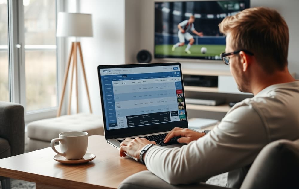 Norsk person som sammenligner odds på laptop med fotball på TV.