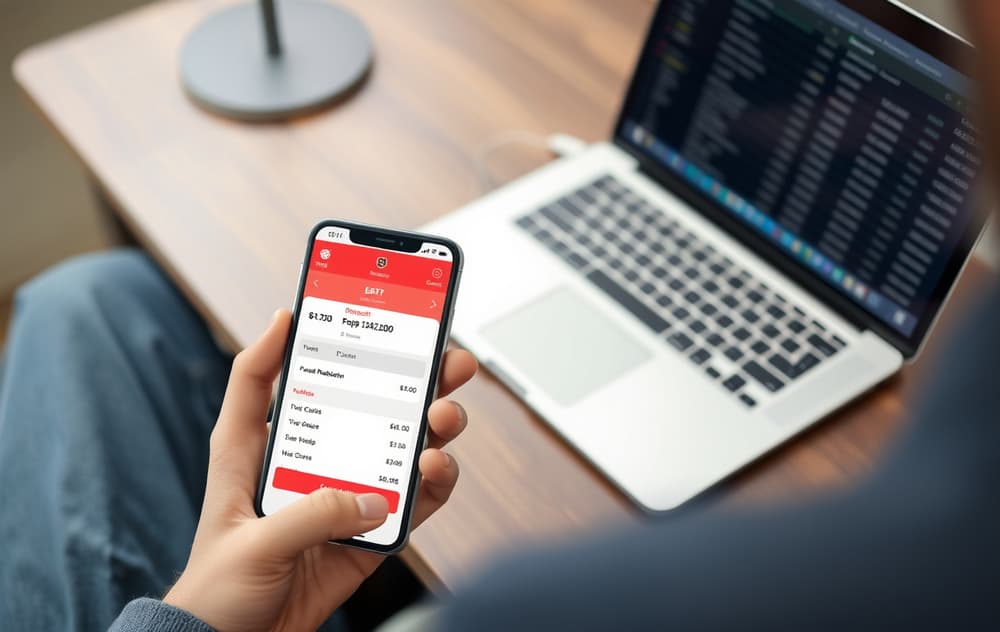 Person med mobil og laptop som viser innskudd og uttak hos bookmaker