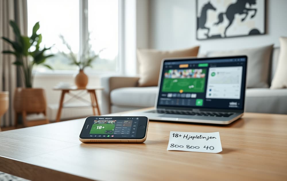 Smarttelefon og laptop med bettinggrensesnitt, med ansvarlig spilling-informasjon synlig