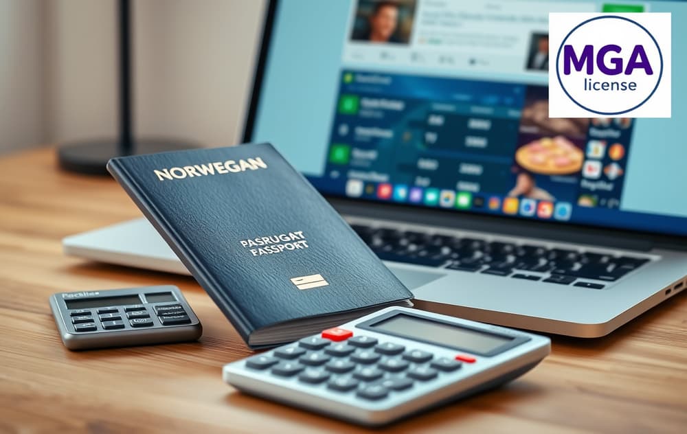 Norsk pass og kalkulator på skrivebord med laptop som viser en bookmaker med MGA-lisens