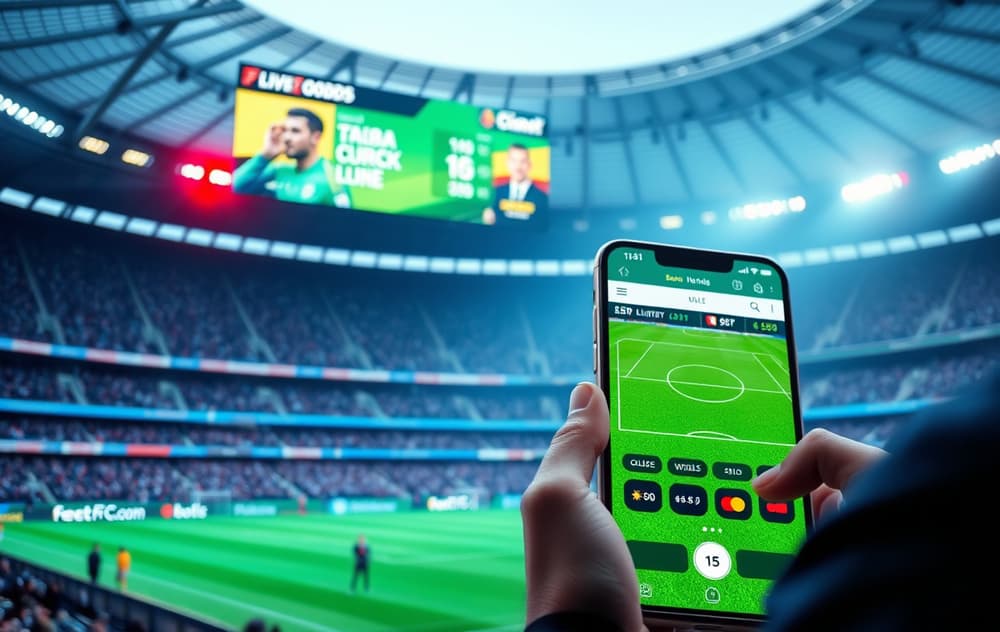 Fotballstadion med oddsskjerm og mobilbetting.
