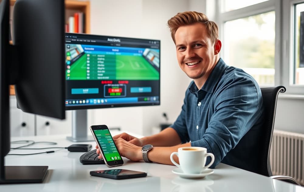 En person som sammenligner live odds på to skjermer og en mobiltelefon.