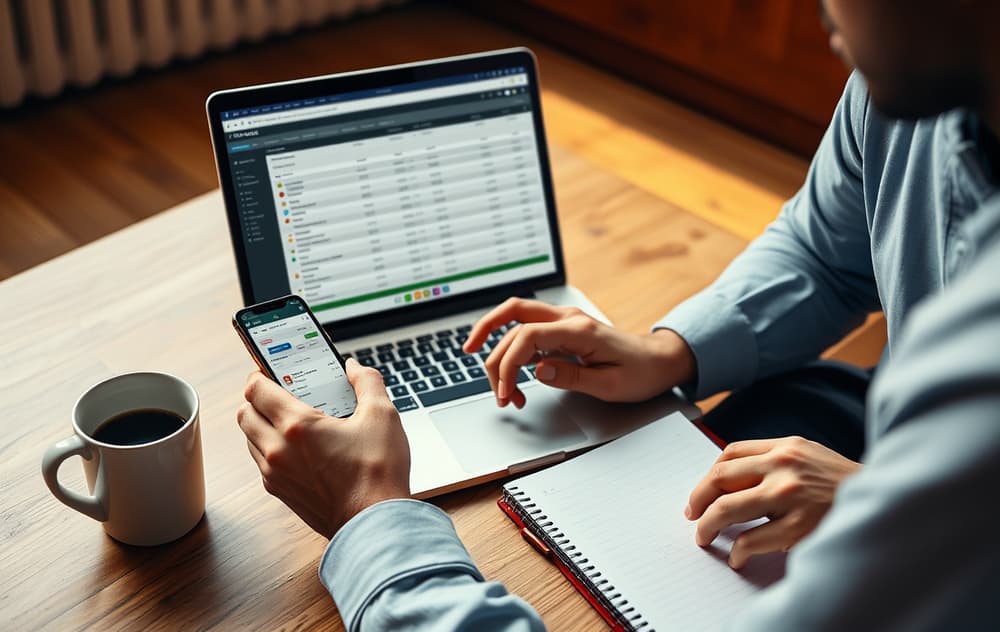 En person som sammenligner odds på en laptop og mobiltelefon, med kopp kaffe og notatbok.
