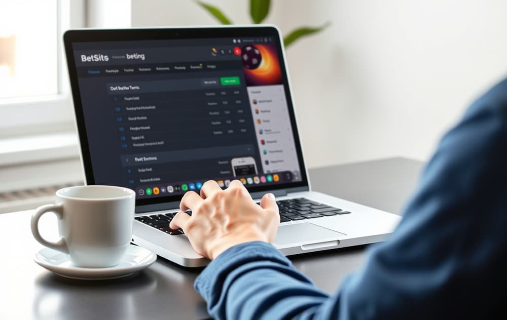 Person som sammenligner bettingsider på laptop med kaffekopp og mobiltelefon