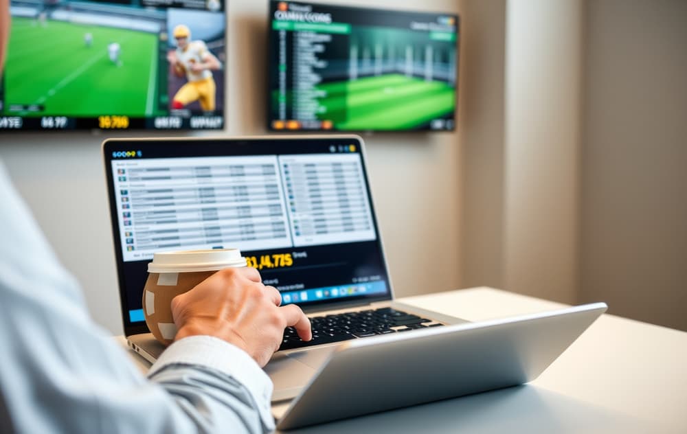 En person sammenligner odds på bærbar PC med sportsskjermer i bakgrunnen.