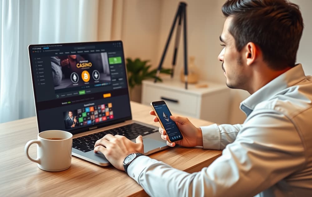 Person som sitter ved et skrivebord og ser på en kryptocasino-side på en bærbar PC, med en kaffekopp og en smarttelefon med en krypto-lommebok-app.