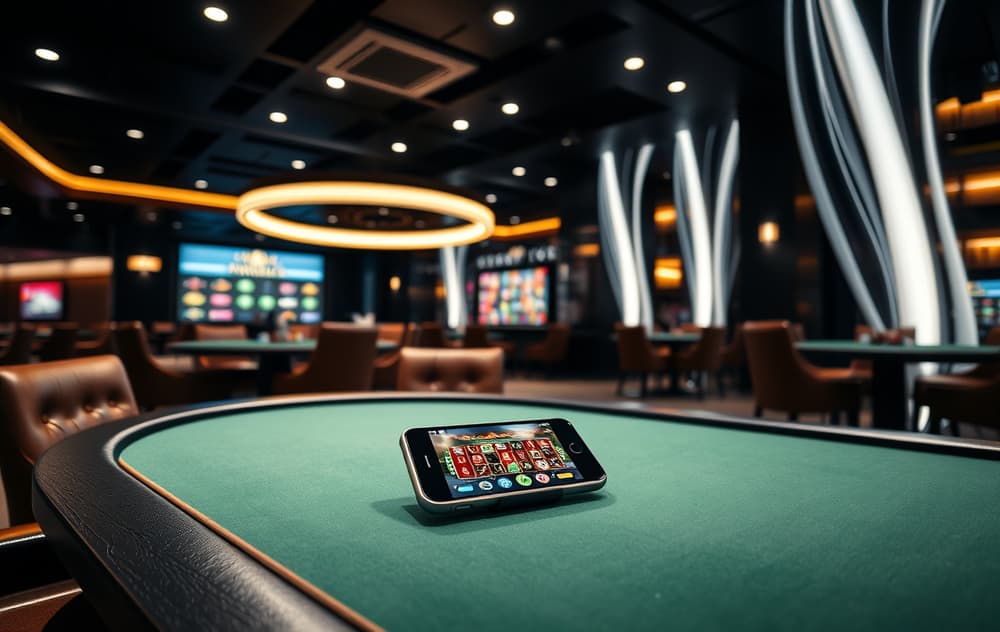 Eksklusivt casinointeriør med pokerbord og mobilskjerm