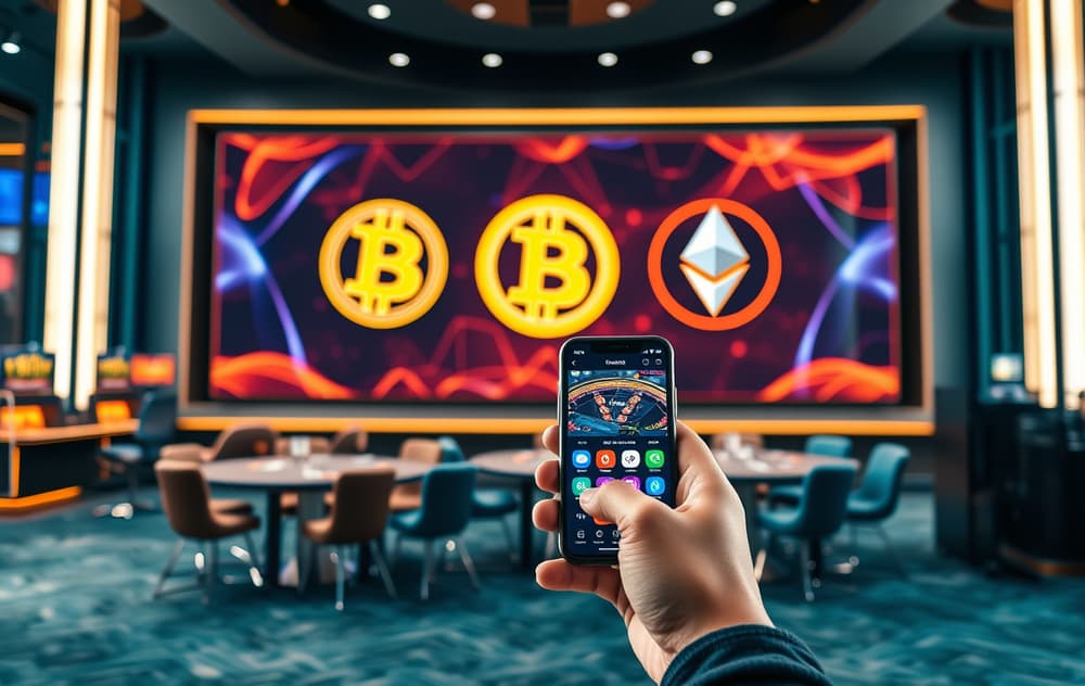 Moderne kryptocasino med kryptosymboler på skjerm og person med mobil