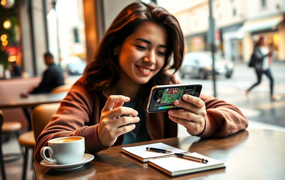 En person sitter på en kafé og spiller på et mobilcasino, med kaffekopp og notatblokk ved siden av.