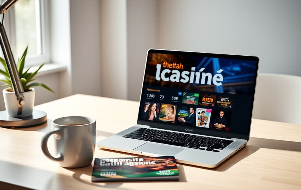 Skrivebord med laptop som viser et nettcasino på norsk, kaffekopp og brosjyre om ansvarlig spilling.