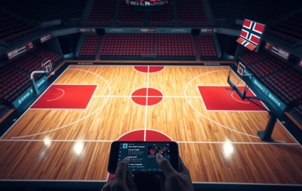 Basketballbane med over/under-odds og spread-markeringer, mobiltelefon med live-betting, norsk flagg i hjørnet.
