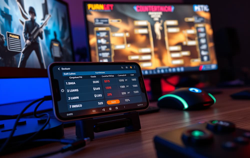Mobilskjerm med live odds på eSport-kamp omgitt av gamingutstyr
