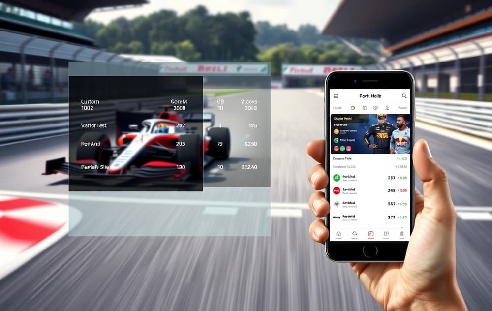 Formel 1-bil på bane med bettingodds og mobilskjerm i forgrunnen
