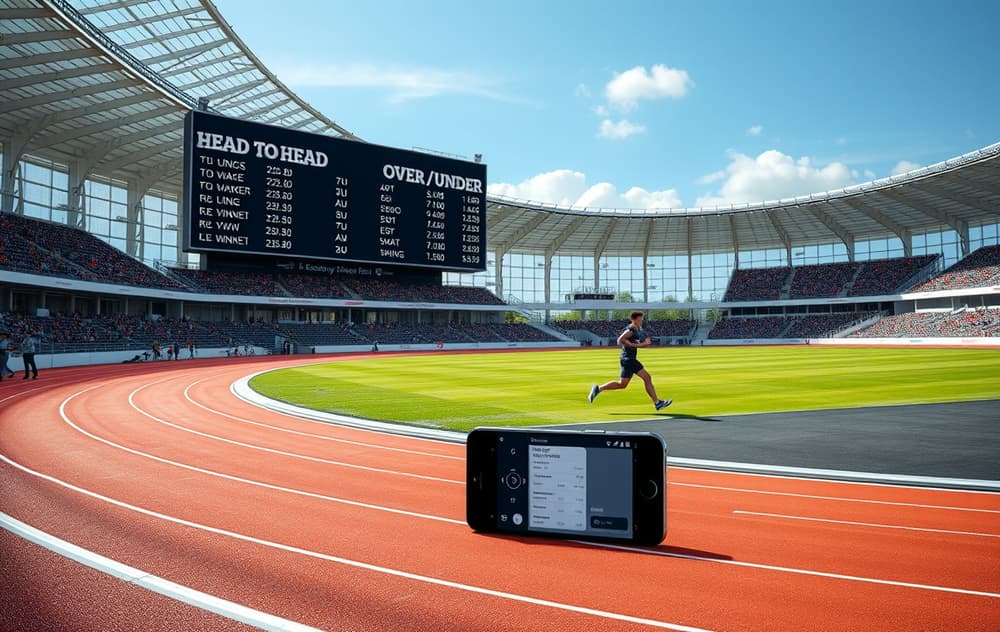 Friidrettsstadion med odds-tavle og løper på bane, illustrasjon av betting på friidrett
