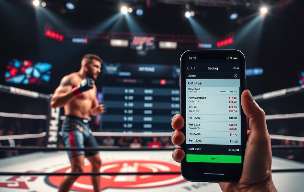 MMA-kamp i bur med oddsgrafikk og mobilskjerm