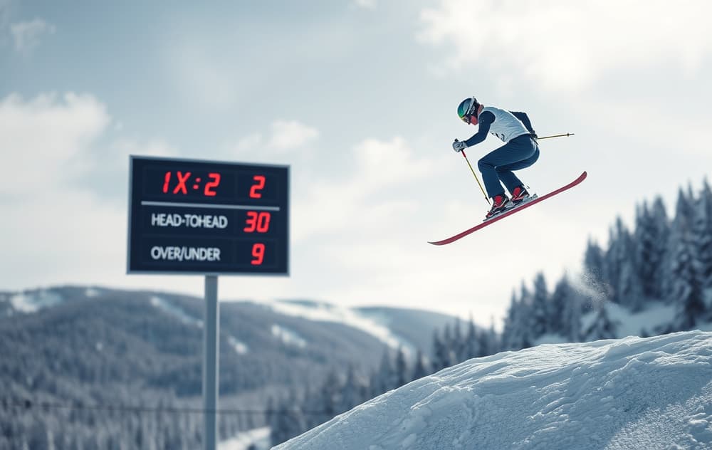 Skihopper i luften med oddstavle i bakgrunnen