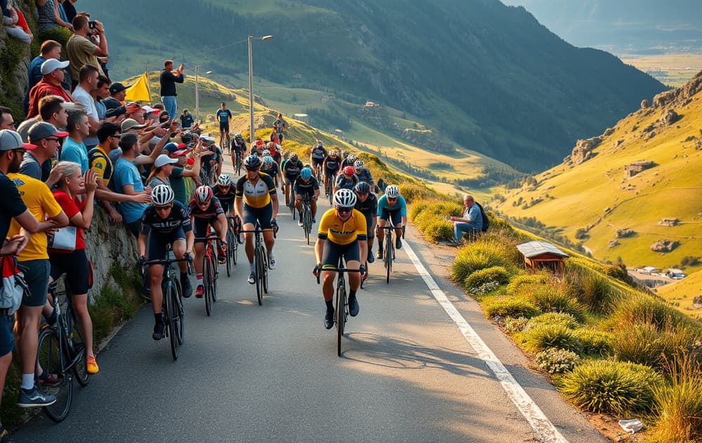 Sykling i Tour de France – ryttere i klatring med gultrøye-leder og publikum langs veien.