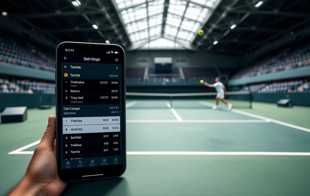 Tennisbane med spiller og mobiltelefon som viser odds